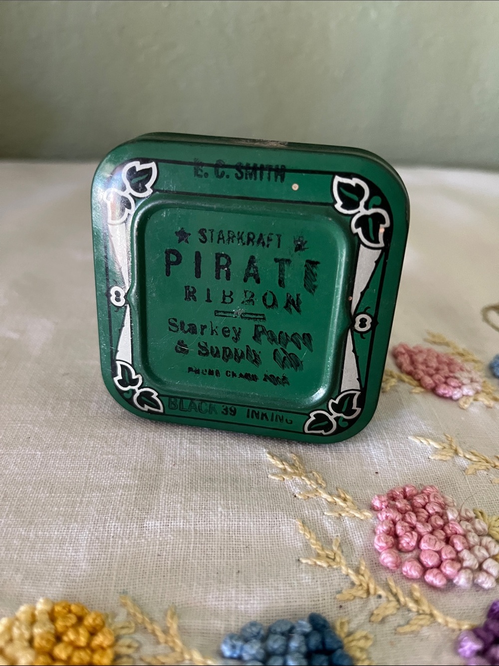 Vintage Tin - Pirate Ribbon Tin - Green Silver
